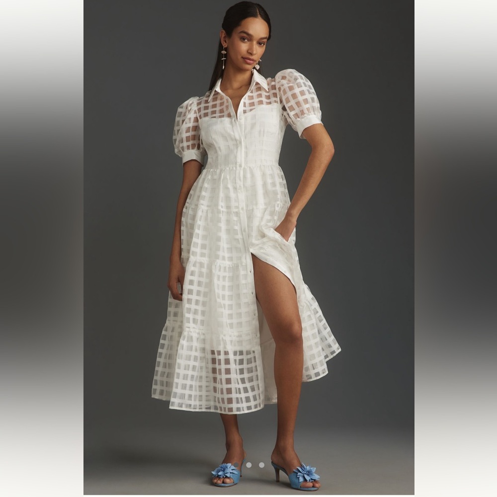 ENGLISH FACTORY ANTHROPOLOGIE WHITE ORGANZA SHORT SLEEVE BUTTON DOWN MIDI DRESS